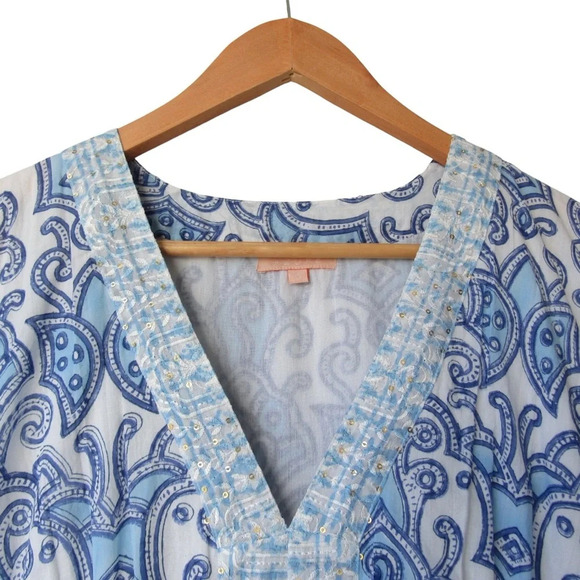 Azure Indigo Blue White Dress Small Blockprint Short Sleeves Tassel Sides Boho - Picture 3 of 11